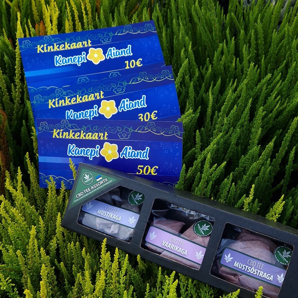 Kinkekomplekt: Kanepi Aiandi kinkekaart 30€ + CBD kanepitee assortii